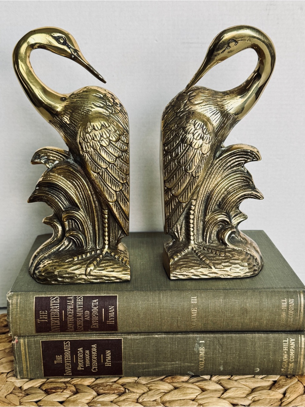 Vintage Brass Crane Heron Bird Bookends Dark Academia Library Decor